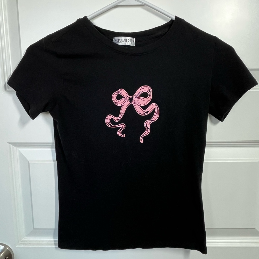 Black Pink Bow Baby Tee Small Fitted Coquette Balletcore Y2K Graphic Top